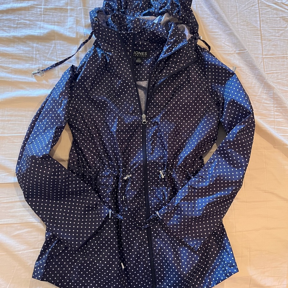 Navy Blue Utility Jacket with Polka Dot Pattern and Drawstring Waist